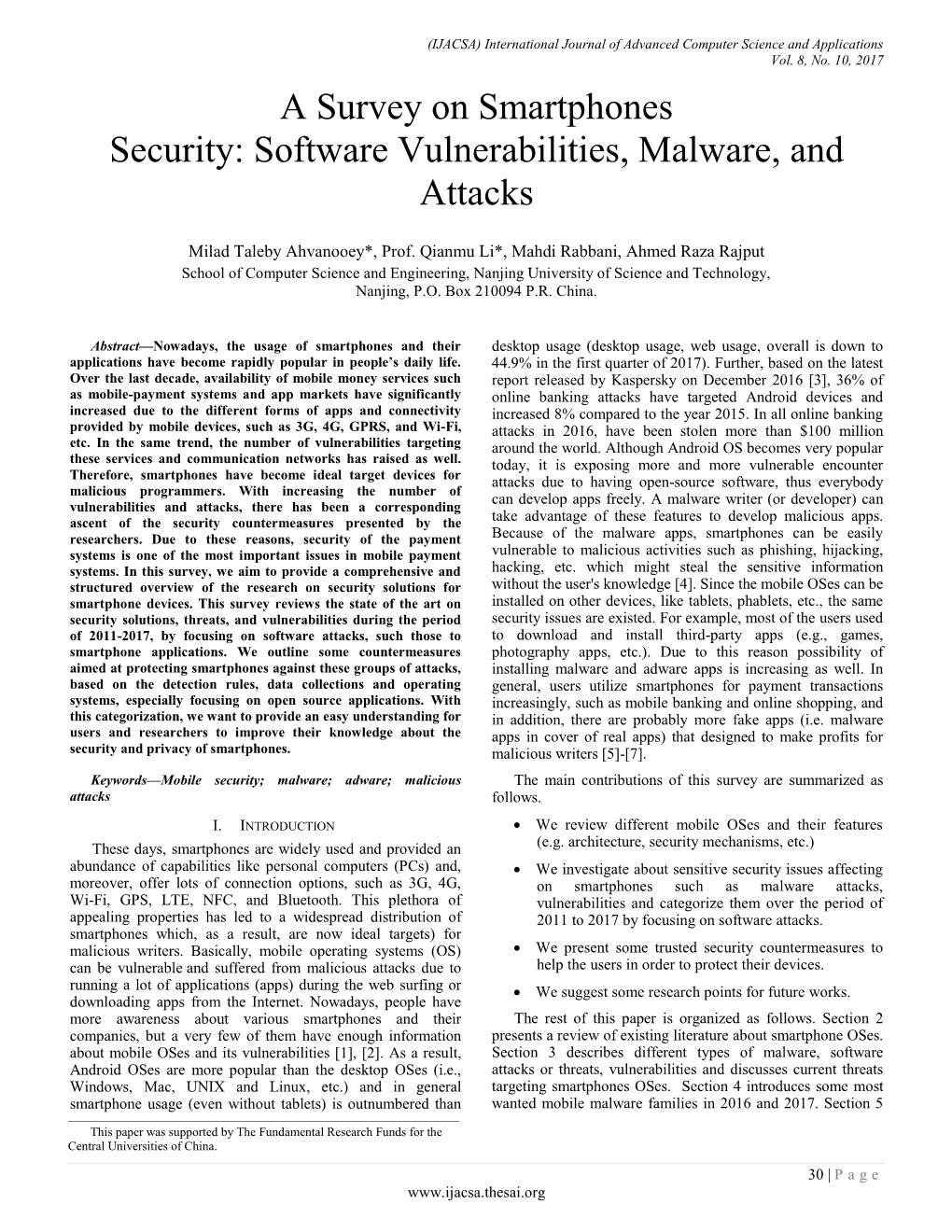 A Survey on Smartphones Security: Software Vulnerabilities, Malware, and Attacks