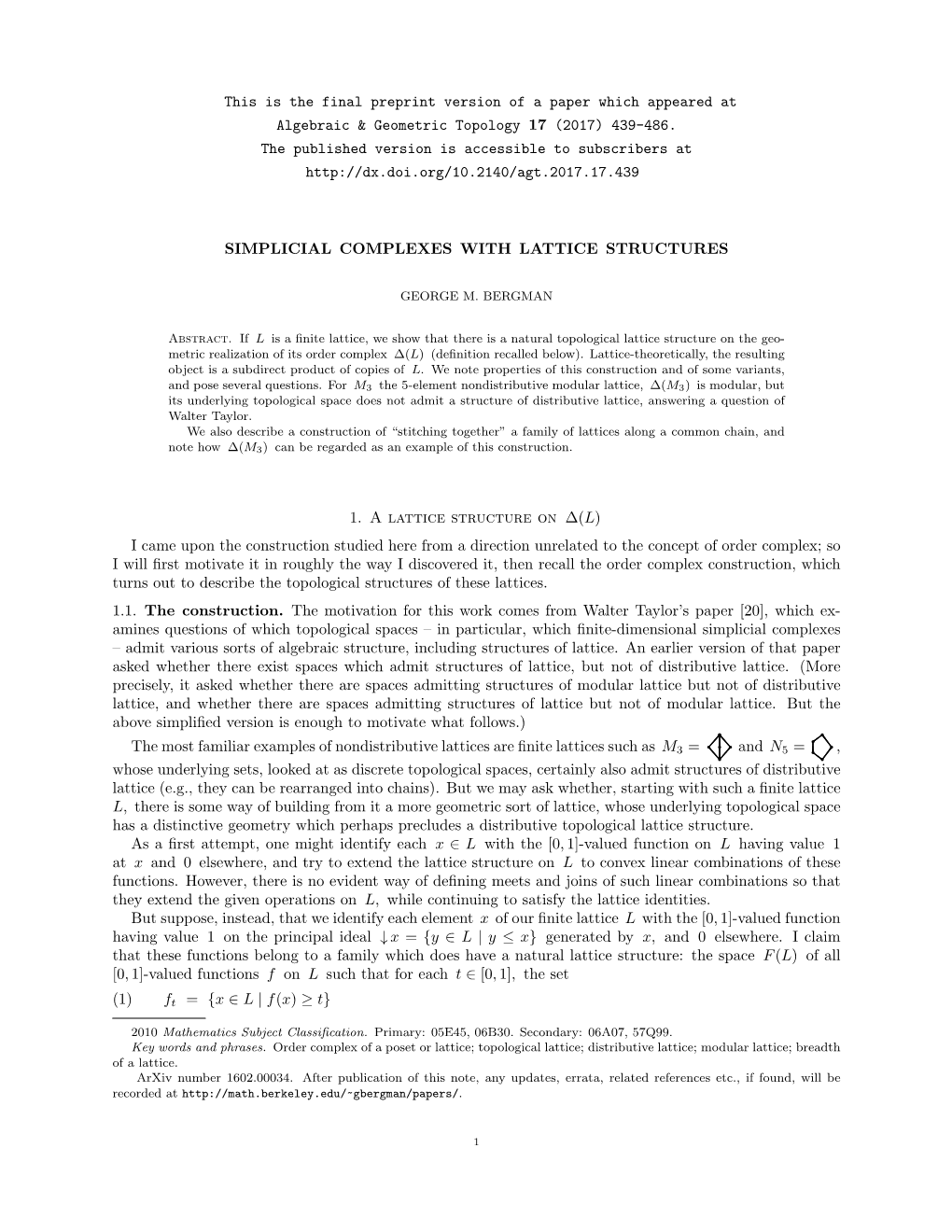 This Is the Final Preprint Version of a Paper Which Appeared at Algebraic & Geometric Topology 17 (2017) 439-486