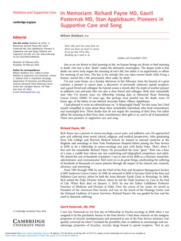 In Memoriam: Richard Payne MD, Gavril Pasternak MD, Stan Applebaum; Pioneers in Cambridge.Org/Pax Supportive Care and Song
