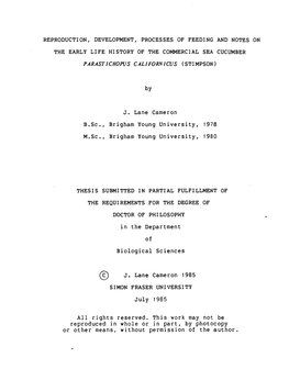 Reproduction, Development, Processes of Feeding and Notes on the Early Life History of the Commercial Sea Cucumber Parastichopus Californicus (Stimpson)