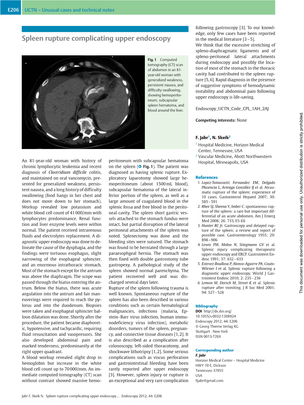 Spleen Rupture Complicating Upper Endoscopy in the Medical Literature [3–5]