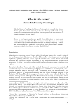What Is Liberalism? Duncan Bell (University of Cambridge)