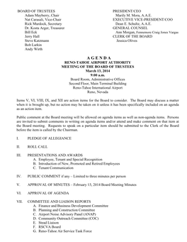 A G E N D a RENO-TAHOE AIRPORT AUTHORITY MEETING of the BOARD of TRUSTEES March 13, 2014 9:00 A.M