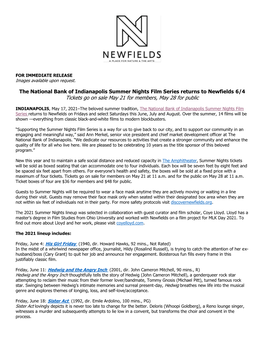 The National Bank of Indianapolis Summer Nights Film Series Returns to Newfields 6/4 Tickets Go on Sale May 21 for Members, May 28 for Public