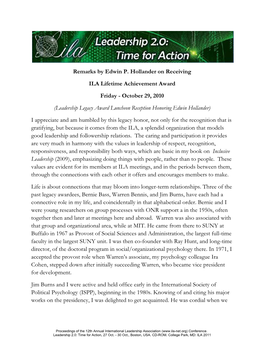 Remarks by Edwin P. Hollander on Receiving ILA Lifetime Achievement Award Friday