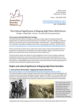 The Cultural Significance of Bogong High Plains Wild Horses Heritage – Irreplaceable - Precious - to Conserve for Future Generations