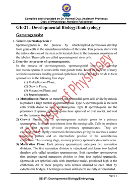 Developmental Biology/Embryology Gametogenesis: 1