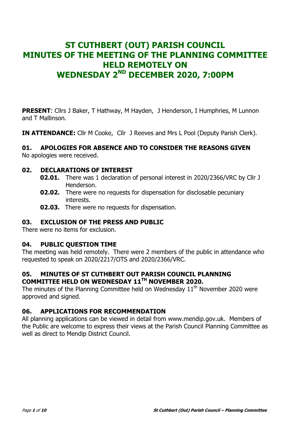 St Cuthbert (Out) Parish Council Minutes of the Meeting of the Planning Committee Held Remotely on Wednesday 2Nd December 2020, 7:00Pm