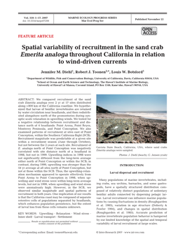 Spatial Variability of Recruitment in the Sand Crab Emerita Analoga Throughout California in Relation to Wind-Driven Currents