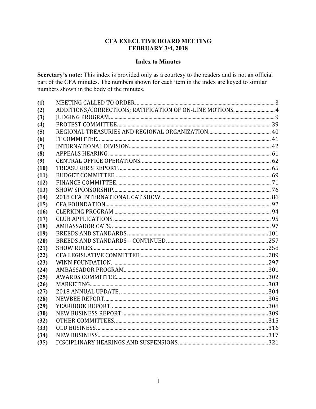 1 CFA EXECUTIVE BOARD MEETING FEBRUARY 3/4, 2018 Index To