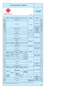 Cbc Program Schedule: Summer 2008