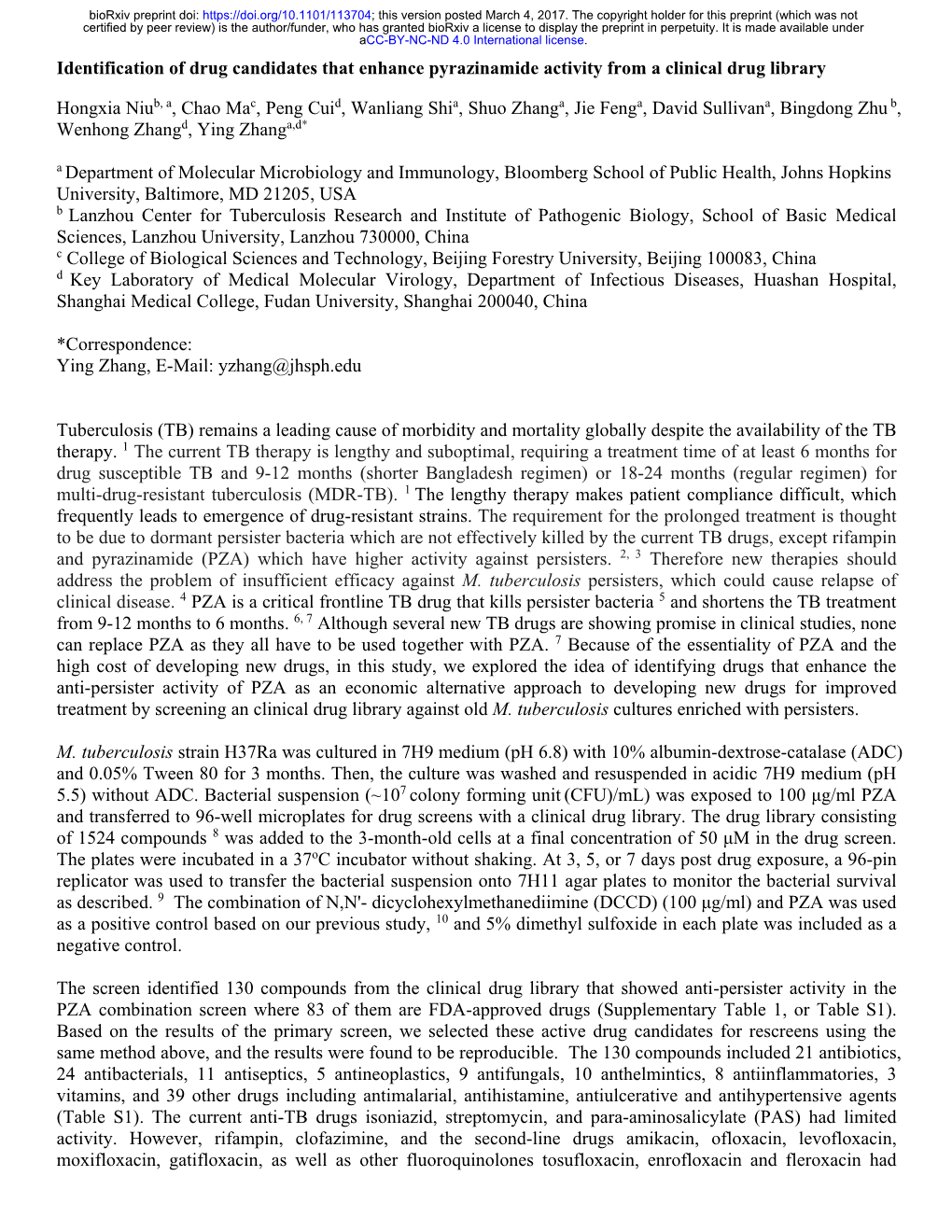 Identification of Drug Candidates That Enhance Pyrazinamide Activity from a Clinical Drug Library