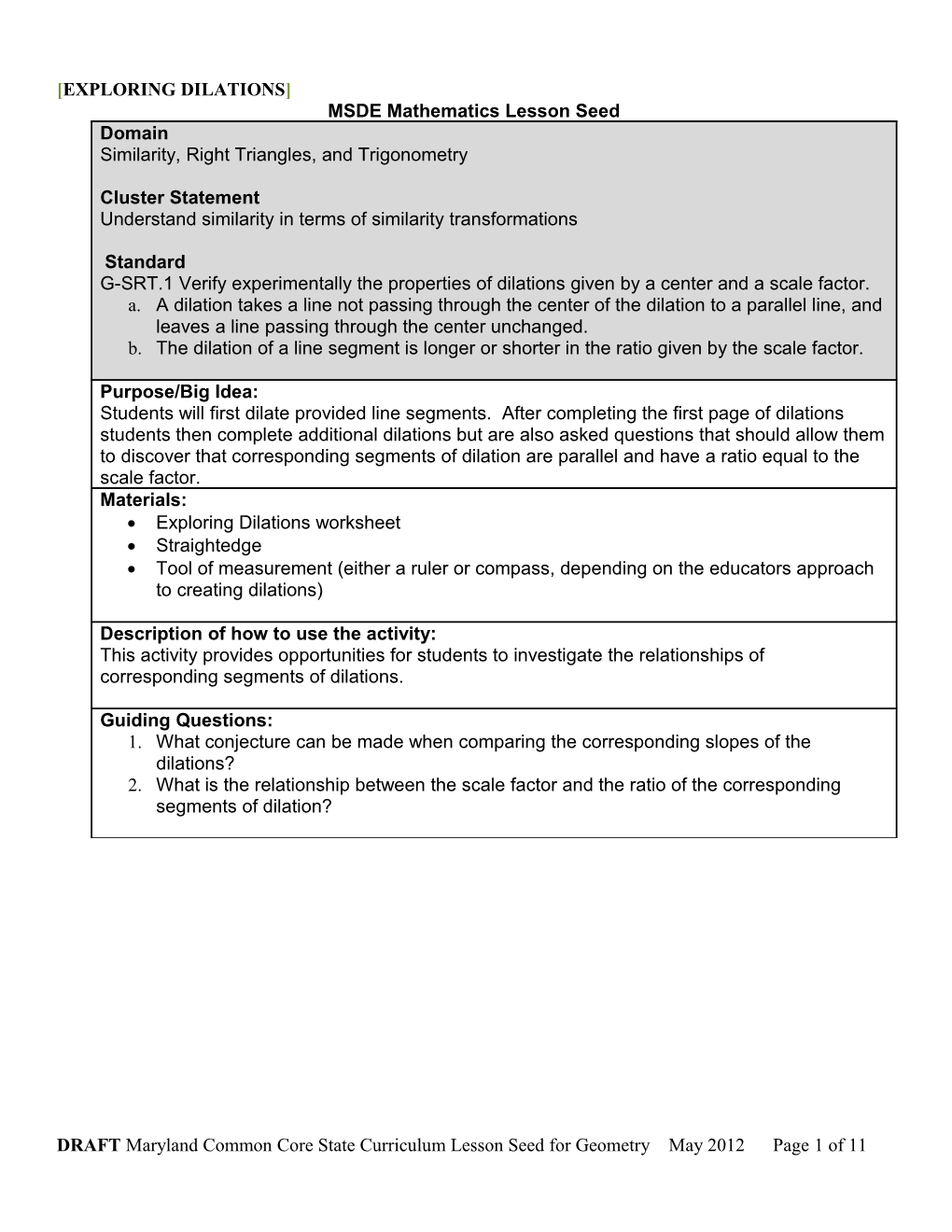 MSDE Mathematics Lesson Seed