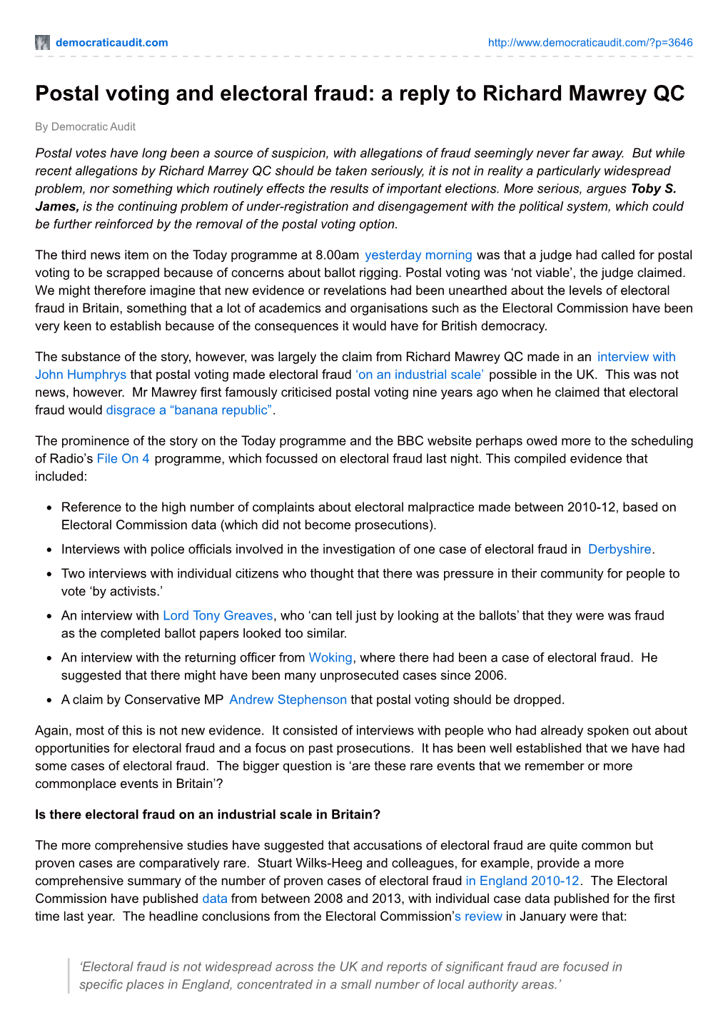 Postal Voting and Electoral Fraud: a Reply to Richard Mawrey QC