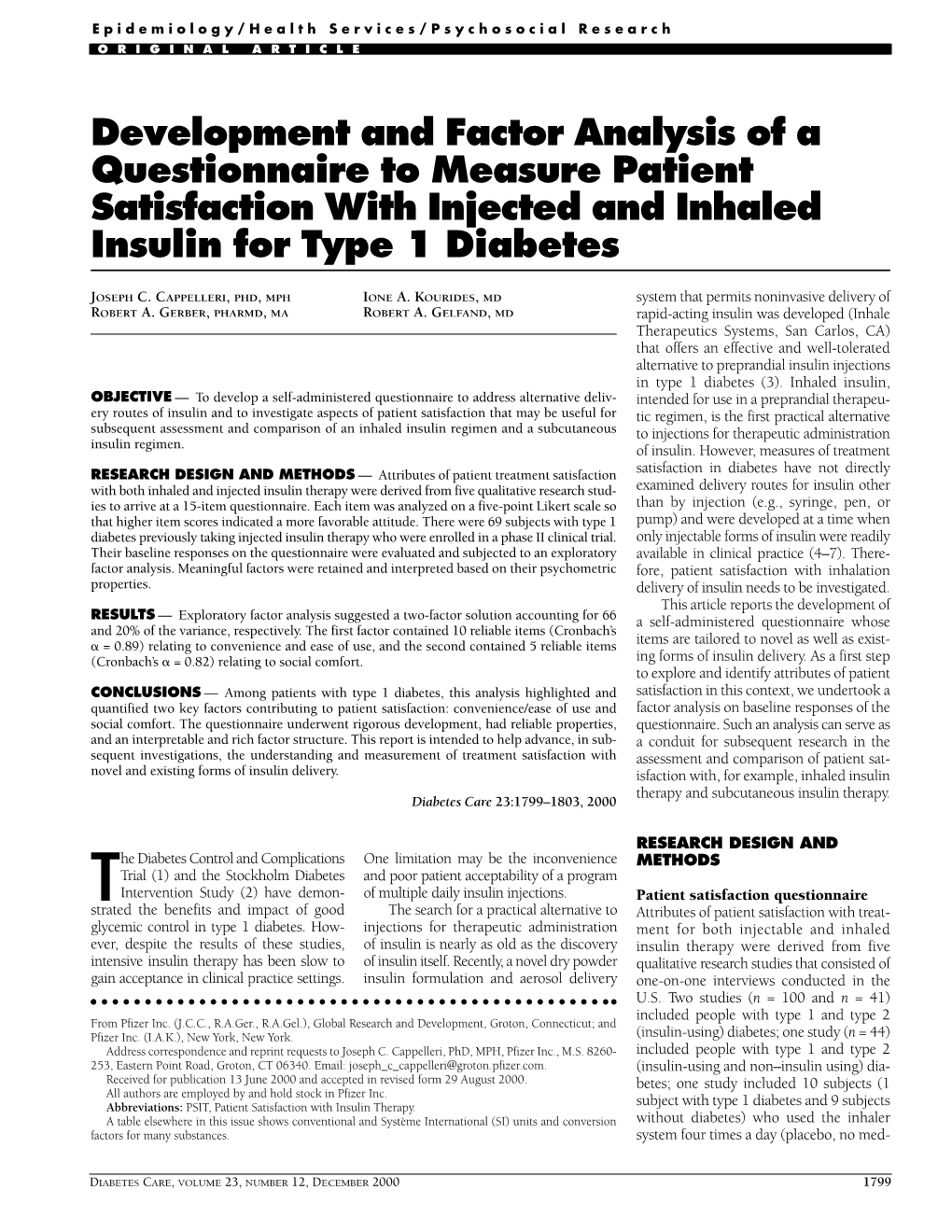 Development and Factor Analysis of a Questionnaire to Measure Patient Satisfaction with Injected and Inhaled Insulin for Type 1 Diabetes