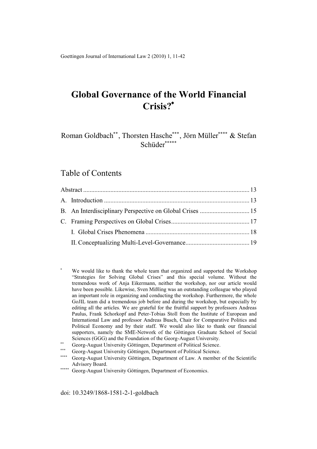 Global Governance of the World Financial Crisis?