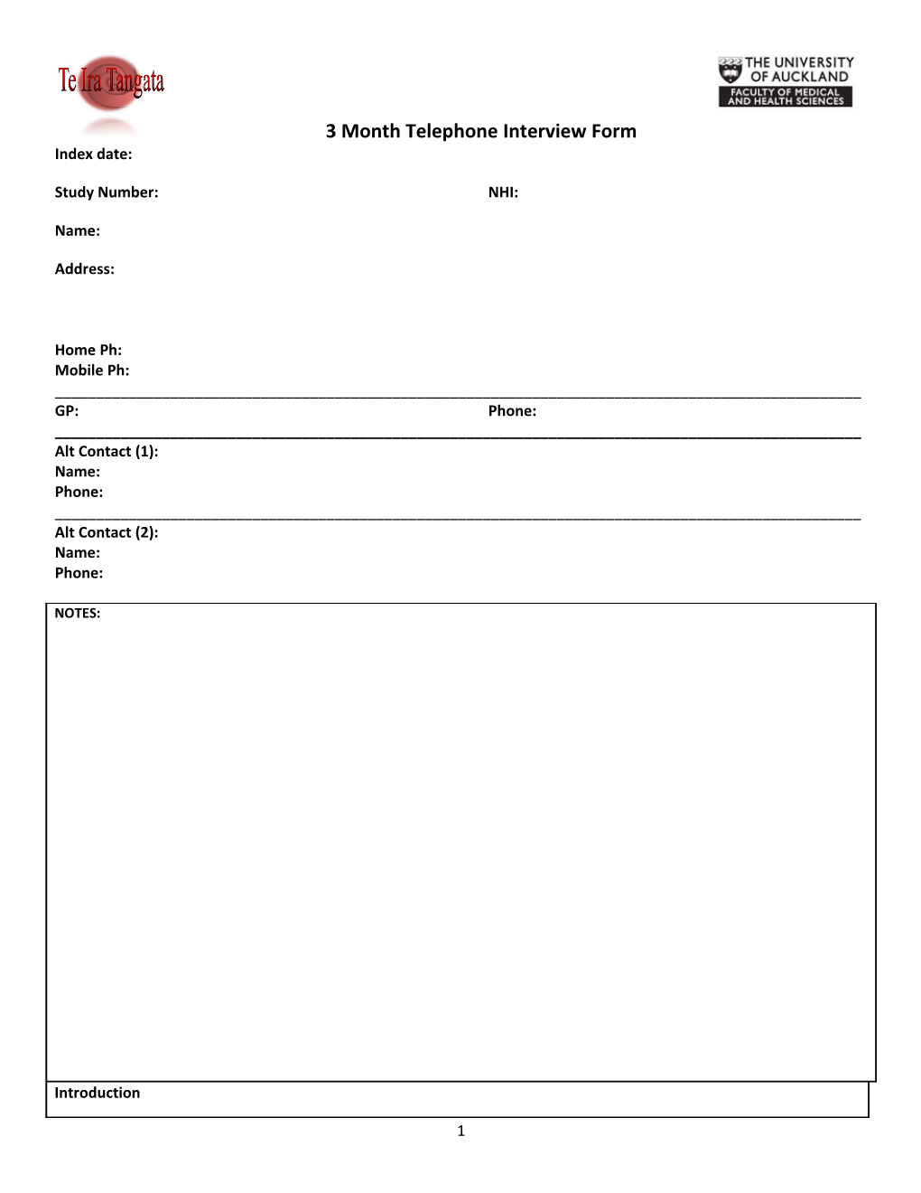 3 Month Telephone Interview Form