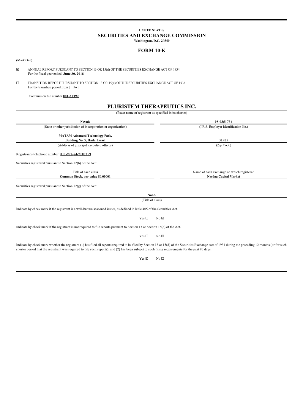 PLURISTEM THERAPEUTICS INC. (Exact Name of Registrant As Specified in Its Charter)