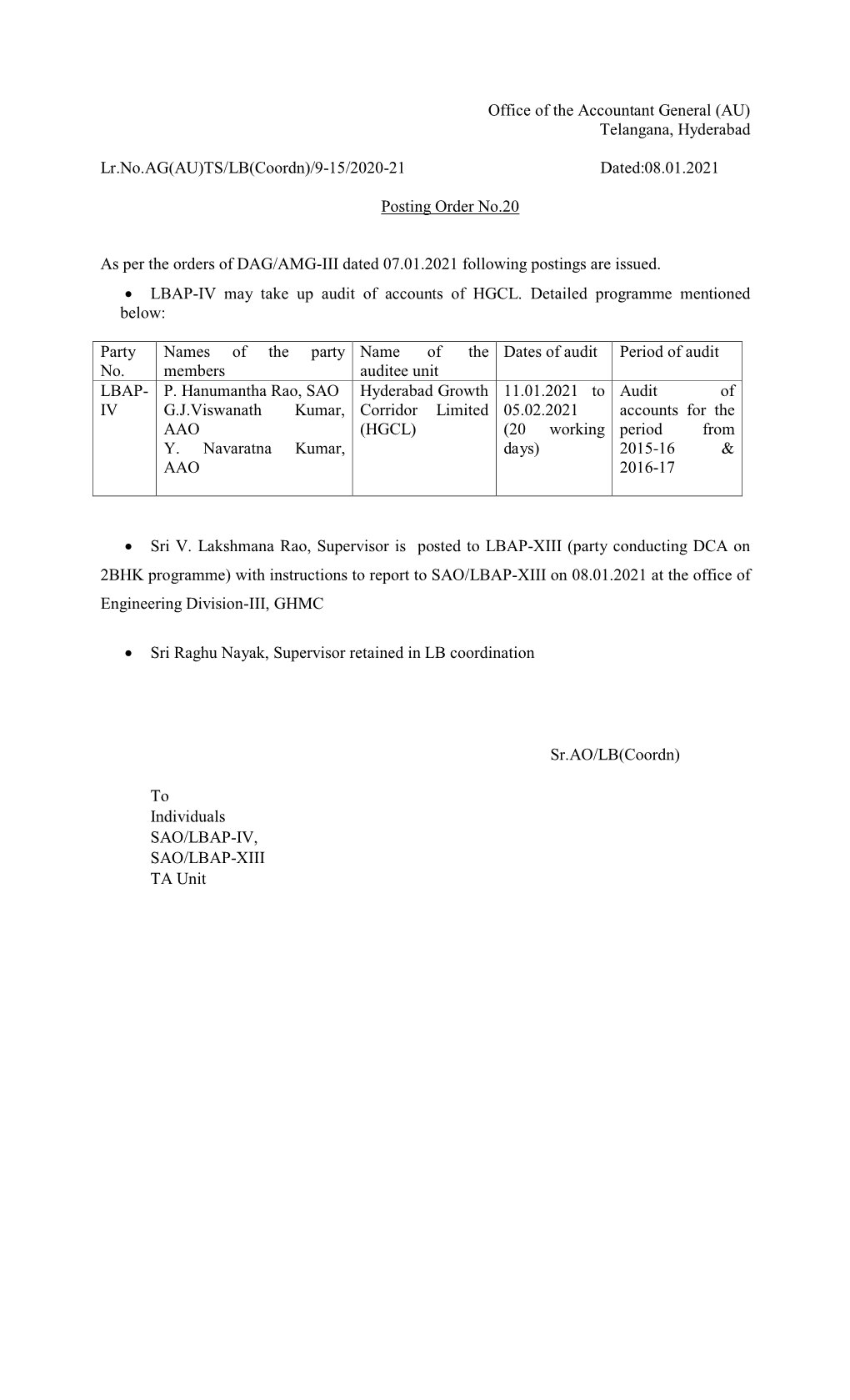 Office of the Accountant General (AU) Telangana, Hyderabad Lr.No.AG