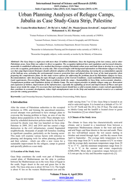 Urban Planning Analyses of Refugee Camps, Jabalia As Case Study-Gaza Strip, Palestine