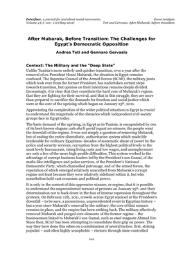 After Mubarak, Before Transition: the Challenges for Egypt's Democratic