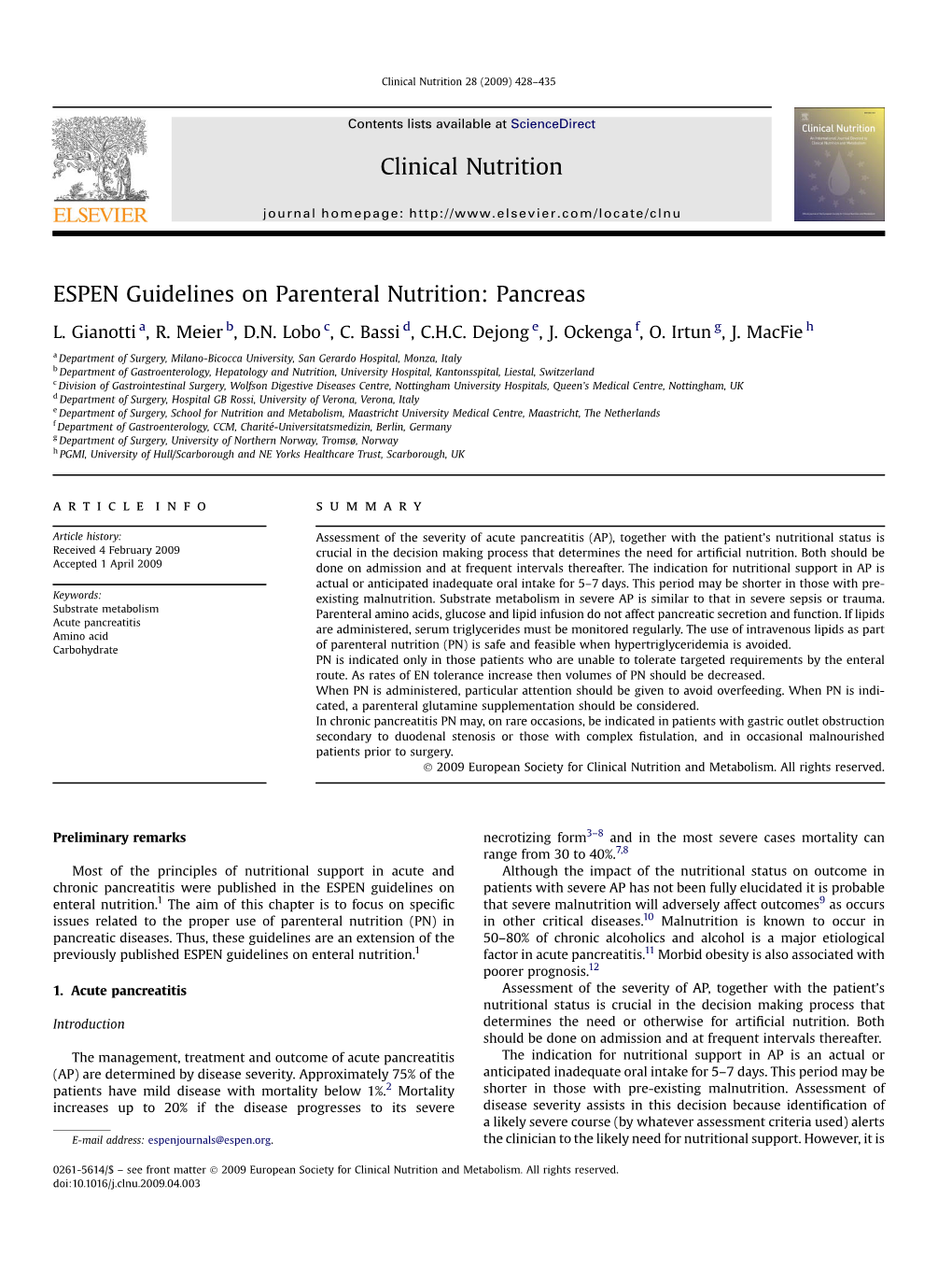 ESPEN Guidelines on Parenteral Nutrition Pancreas DocsLib