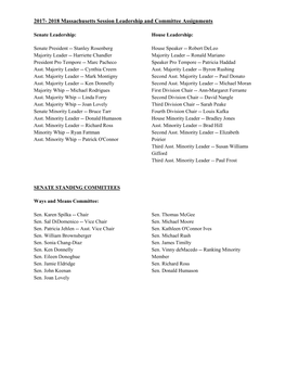 2017- 2018 Massachusetts Session Leadership and Committee Assignments