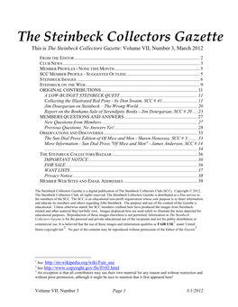 The Steinbeck Collectors Gazette This Is the Steinbeck Collectors Gazette: Volume VII, Number 3, March 2012