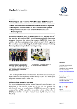 Volkswagen Up! Receives “Wertmeister 2019” Award
