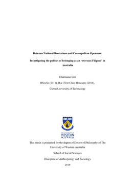 Thesis Is Presented for the Degree of Doctor of Philosophy of the University of Western Australia