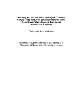 Harmony and Discord Within the English 'Counter- Culture', 1965-1975, with Particular Reference to the 'Rock Operas'