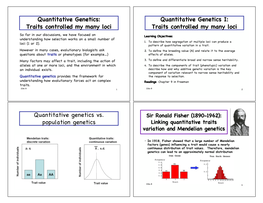 Quantitative Genetics: Quantitative Genetics I: Traits Controlled My Many Loci Traits Controlled My Many Loci