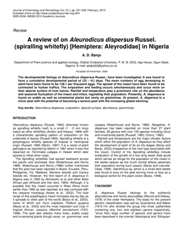A Review of on Aleurodicus Dispersus Russel. (Spiralling Whitefly) [Hemiptera: Aleyrodidae] in Nigeria