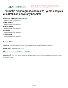 Traumatic Diaphragmatic Hernia: 28-Years Analysis at a Brazilian University Hospital