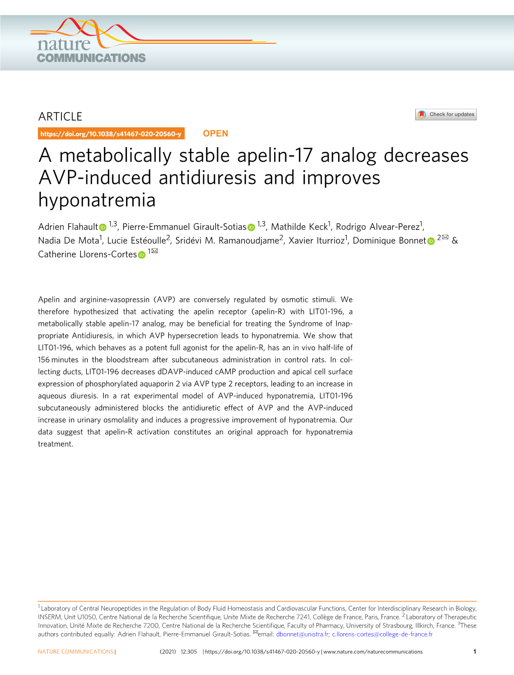 A Metabolically Stable Apelin-17 Analog Decreases AVP-Induced Antidiuresis and Improves Hyponatremia