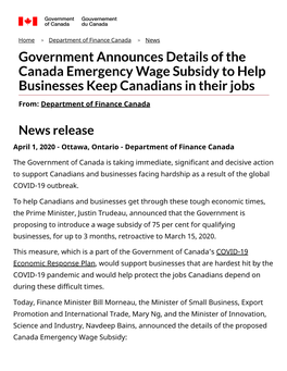 Government Announces Details of the Canada Emergency Wage Subsidy to Help Businesses Keep Canadians in Their Jobs