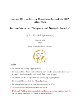 Public-Key Cryptography and the RSA Algorithm Lecture Notes On