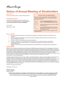 Notice of Annual Meeting of Stockholders Date Andtime November 18, 2020, 3:00 P.M