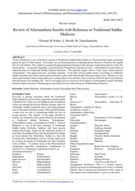 Review of Alternanthera Sessilis with Reference to Traditional Siddha Medicine