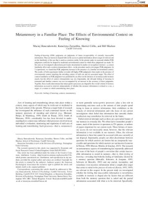 Metamemory in a Familiar Place: the Effects of Environmental Context on Feeling of Knowing
