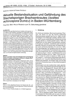 Aktuelle Bestandssituation Und Gefährdung Des Stachelsporigen Brachsenkrautes (Isoetes Echinospora DURIEU) in Baden-Württember