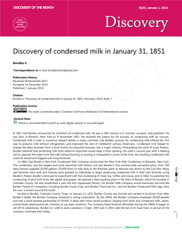 Discovery of Condensed Milk Ery of Condensed Milk in January 31