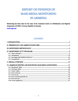 Report on Findings of Mass Media Monitoring in Armenia
