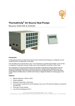 Thermaltricity Air Source Heat Pumps Models KS015R & KS02R