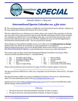 International Sports Calendar No. 3 for 2021