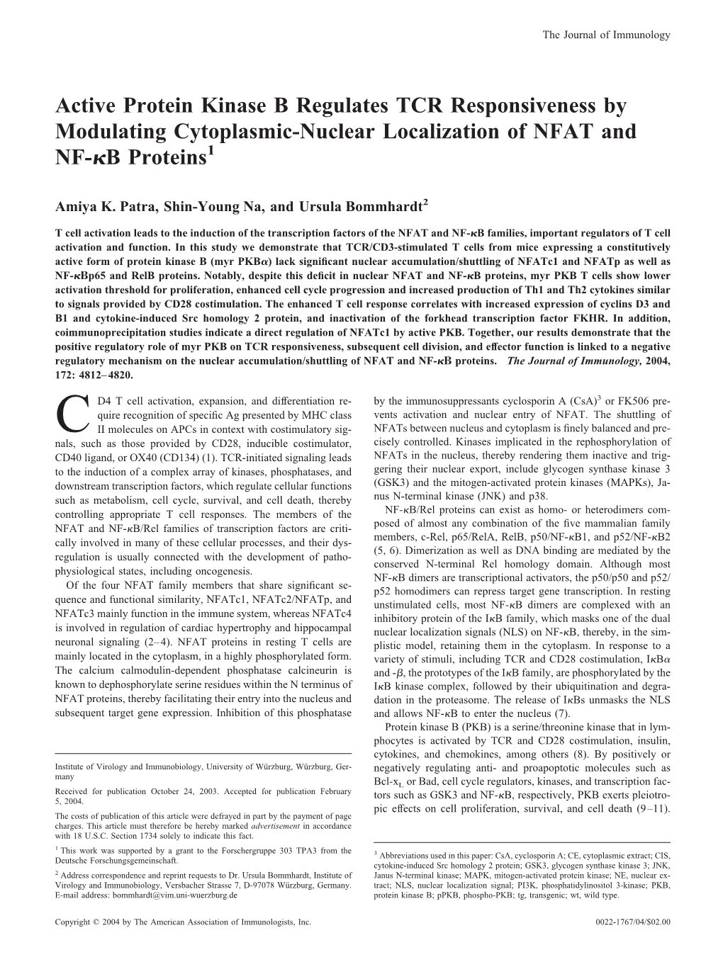 Cytoplasmic-Nuclear Localization of NFAT Responsiveness By