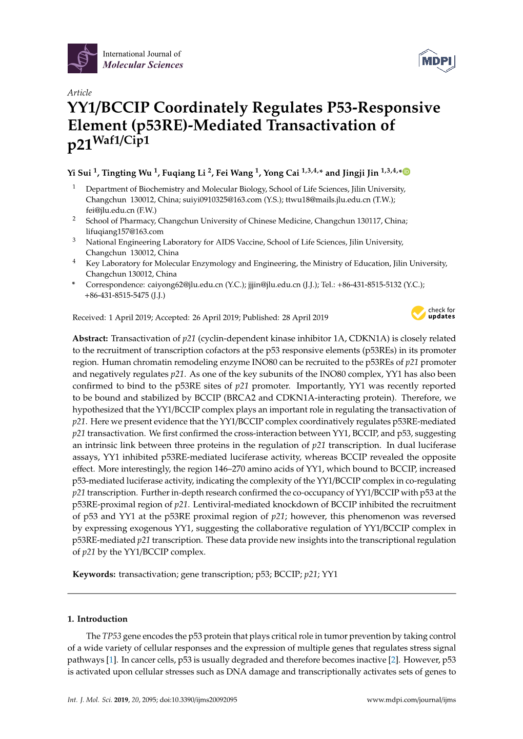 YY1/BCCIP Coordinately Regulates P53-Responsive Element (P53re)-Mediated Transactivation of P21waf1/Cip1