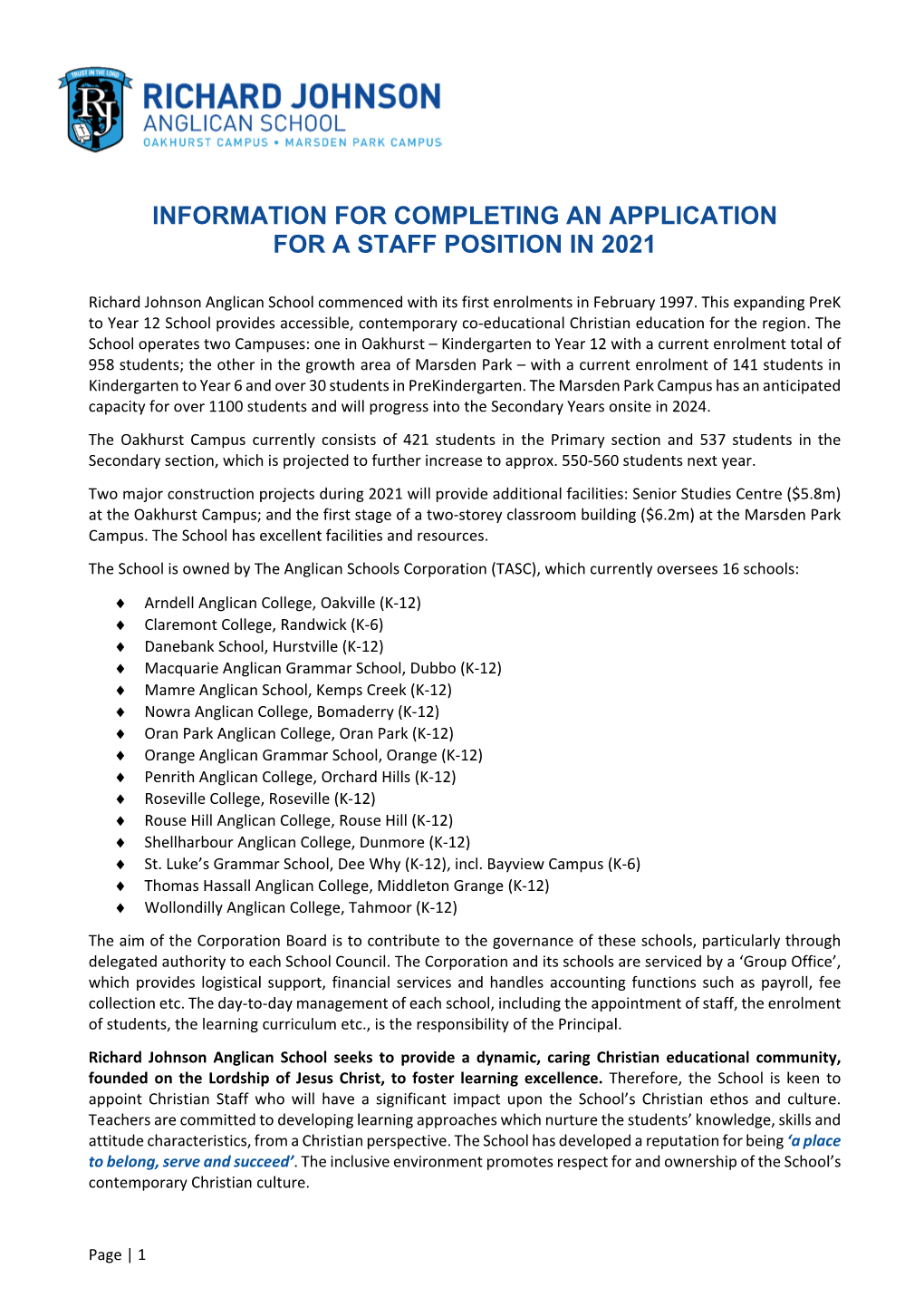 Information for Completing an Application for a Staff Position in 2021