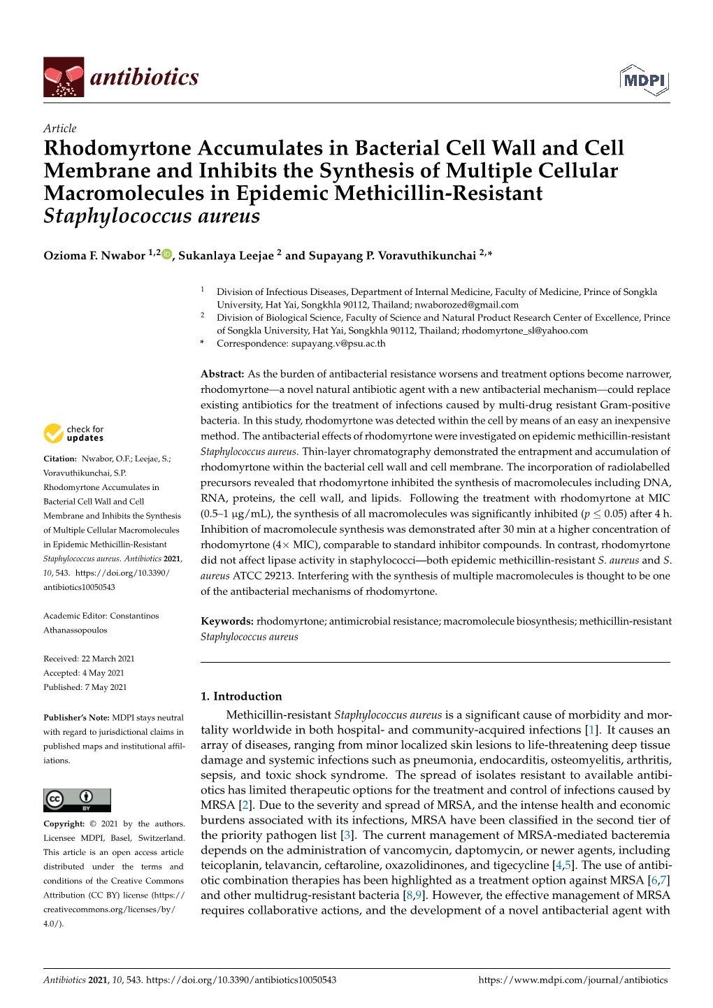 Rhodomyrtone Accumulates in Bacterial Cell Wall and Cell