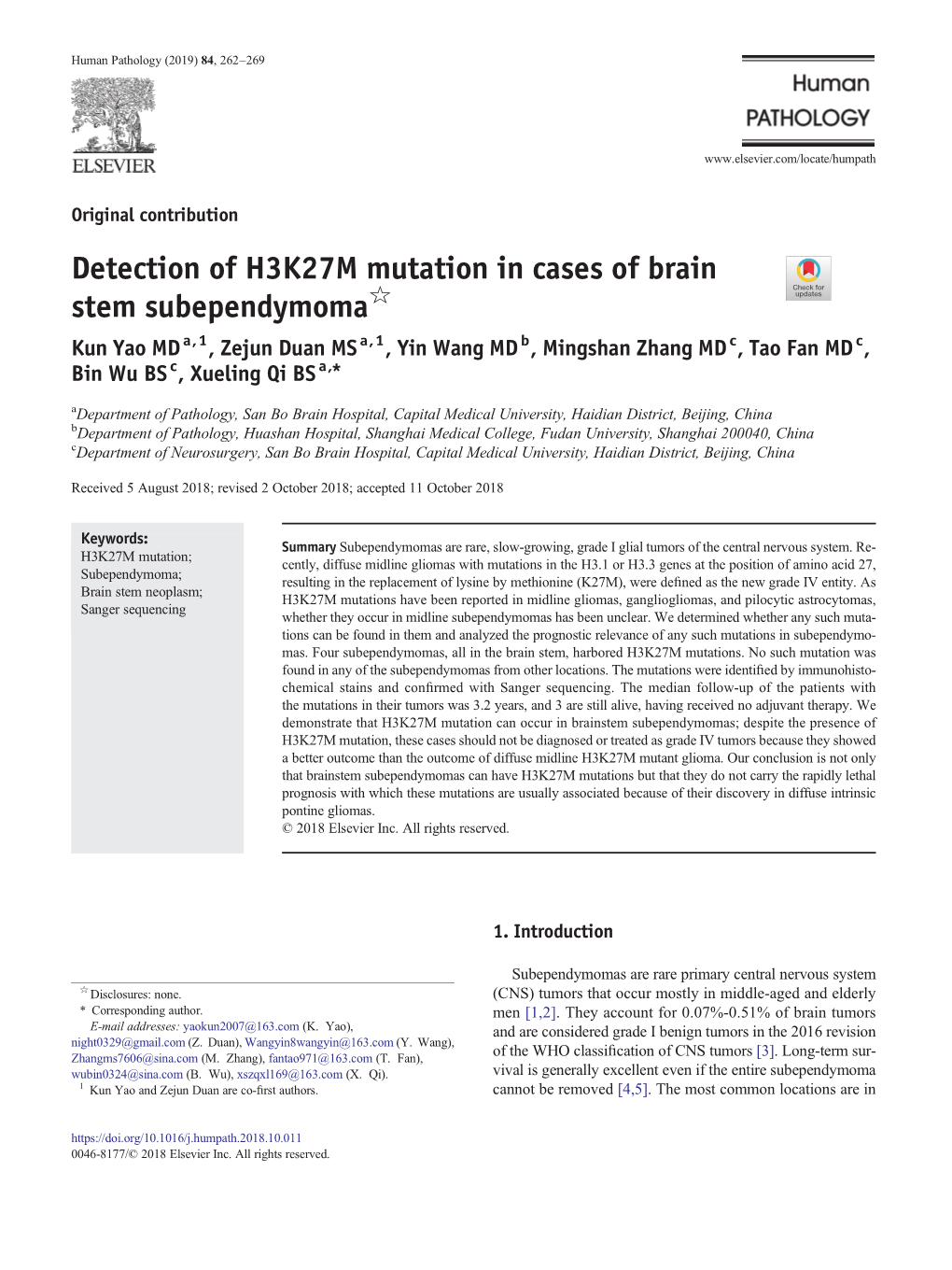 Detection of H3K27M Mutation in Cases of Brain Stem Subependymoma